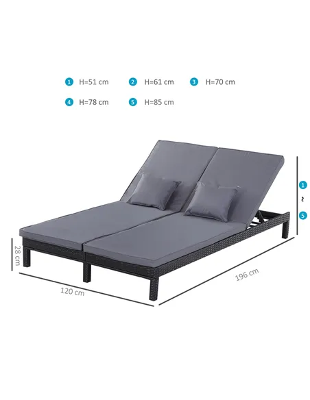 Outsunny 2 Seater Rattan Lounger Adjustable Double Chaise Chair Loveseat w/ Cushion Black