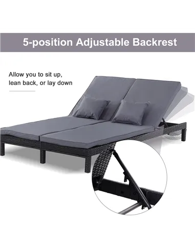 Outsunny 2 Seater Rattan Lounger Adjustable Double Chaise Chair Loveseat w/ Cushion Black