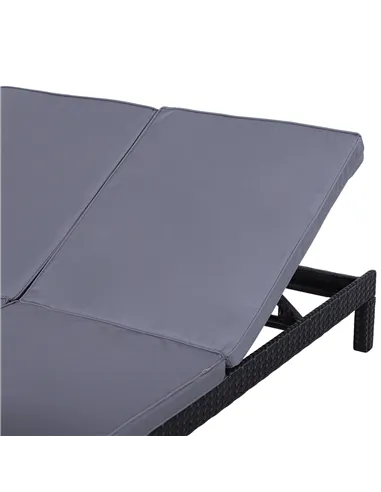 Outsunny 2 Seater Rattan Lounger Adjustable Double Chaise Chair Loveseat w/ Cushion Black
