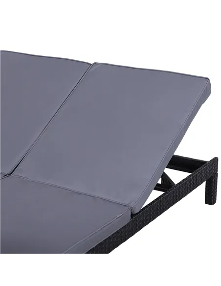 Outsunny 2 Seater Rattan Lounger Adjustable Double Chaise Chair Loveseat w/ Cushion Black