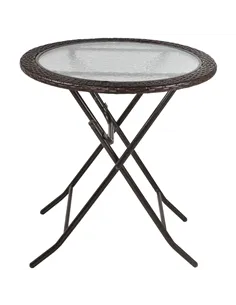 Outsunny Folding Rattan Garden Dining Table, 68 cm Round Rattan Garden Table with Water Ripple Tempered Glass Top, Wicker Edging