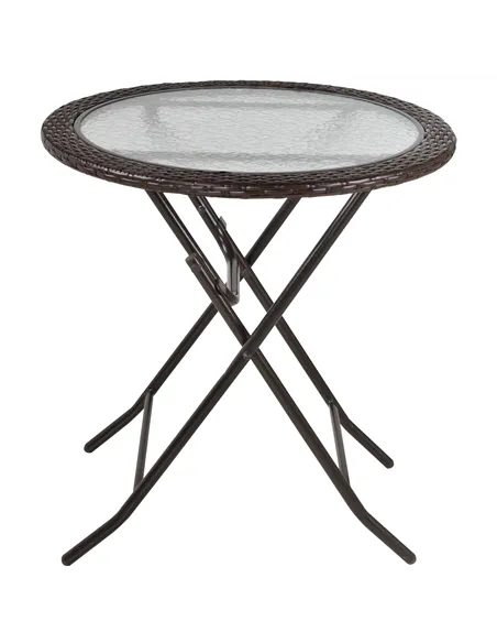 Outsunny Folding Rattan Garden Dining Table, 68 cm Round Rattan Garden Table with Water Ripple Tempered Glass Top, Wicker Edging