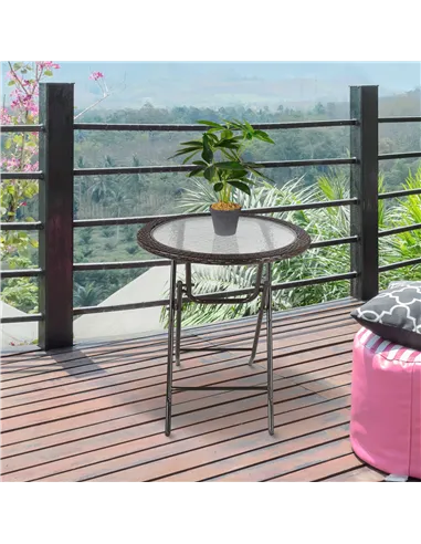 Outsunny Folding Rattan Garden Dining Table, 68 cm Round Rattan Garden Table with Water Ripple Tempered Glass Top, Wicker Edging