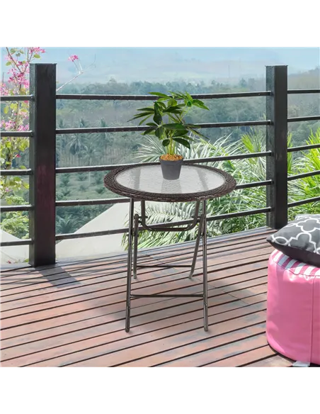 Outsunny Folding Rattan Garden Dining Table, 68 cm Round Rattan Garden Table with Water Ripple Tempered Glass Top, Wicker Edging