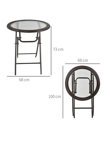 Outsunny Folding Rattan Garden Dining Table, 68 cm Round Rattan Garden Table with Water Ripple Tempered Glass Top, Wicker Edging