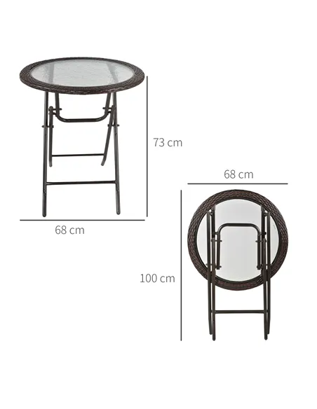 Outsunny Folding Rattan Garden Dining Table, 68 cm Round Rattan Garden Table with Water Ripple Tempered Glass Top, Wicker Edging