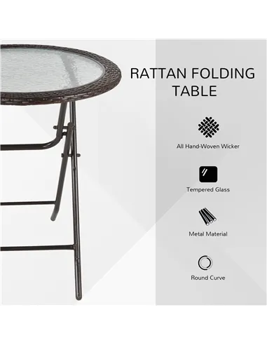 Outsunny Folding Rattan Garden Dining Table, 68 cm Round Rattan Garden Table with Water Ripple Tempered Glass Top, Wicker Edging