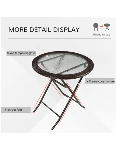 Outsunny Folding Rattan Garden Dining Table, 68 cm Round Rattan Garden Table with Water Ripple Tempered Glass Top, Wicker Edging
