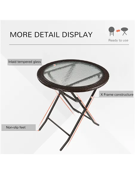 Outsunny Folding Rattan Garden Dining Table, 68 cm Round Rattan Garden Table with Water Ripple Tempered Glass Top, Wicker Edging