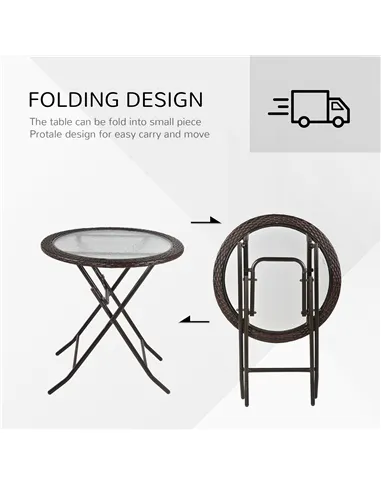 Outsunny Folding Rattan Garden Dining Table, 68 cm Round Rattan Garden Table with Water Ripple Tempered Glass Top, Wicker Edging