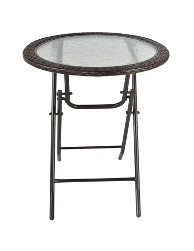 Outsunny Folding Rattan Garden Dining Table, 68 cm Round Rattan Garden Table with Water Ripple Tempered Glass Top, Wicker Edging