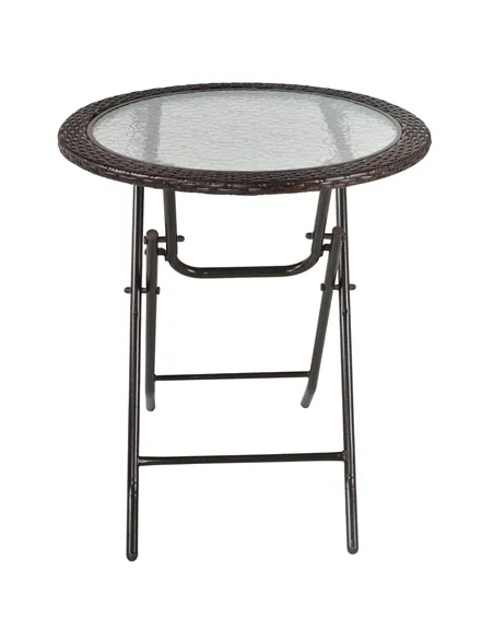 Outsunny Folding Rattan Garden Dining Table, 68 cm Round Rattan Garden Table with Water Ripple Tempered Glass Top, Wicker Edging