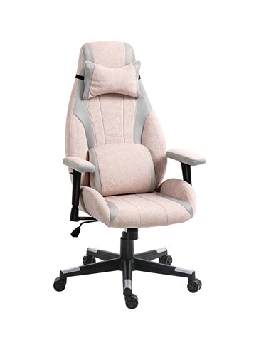 HOMCOM Fabric Gaming Chair with Lumbar Support, Headrest - Pale Pink