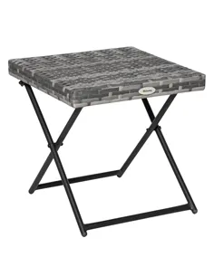 Outsunny Square PE Wicker Rattan Folding Table,Weather Resistant Wicker Weave Side Table with Steel Frame, Grey