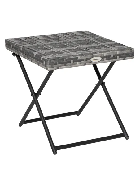 Outsunny Square PE Wicker Rattan Folding Table,Weather Resistant Wicker Weave Side Table with Steel Frame, Grey