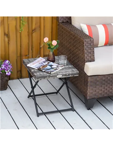 Outsunny Square PE Wicker Rattan Folding Table,Weather Resistant Wicker Weave Side Table with Steel Frame, Grey
