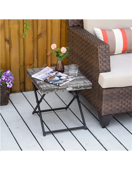 Outsunny Square PE Wicker Rattan Folding Table,Weather Resistant Wicker Weave Side Table with Steel Frame, Grey