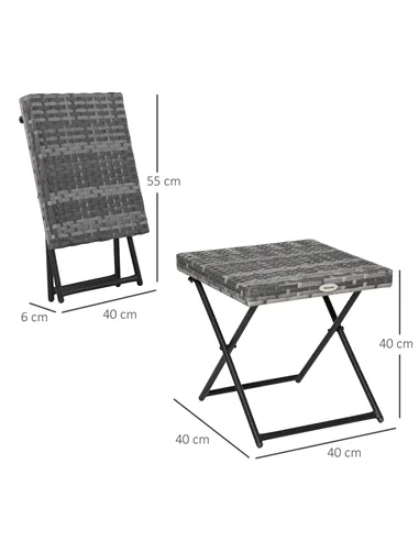 Outsunny Square PE Wicker Rattan Folding Table,Weather Resistant Wicker Weave Side Table with Steel Frame, Grey