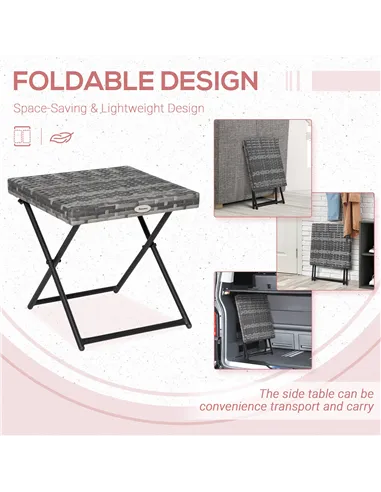 Outsunny Square PE Wicker Rattan Folding Table,Weather Resistant Wicker Weave Side Table with Steel Frame, Grey