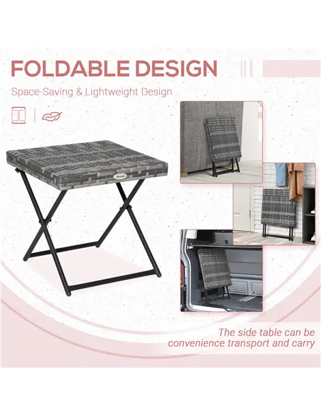 Outsunny Square PE Wicker Rattan Folding Table,Weather Resistant Wicker Weave Side Table with Steel Frame, Grey