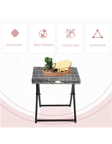 Outsunny Square PE Wicker Rattan Folding Table,Weather Resistant Wicker Weave Side Table with Steel Frame, Grey
