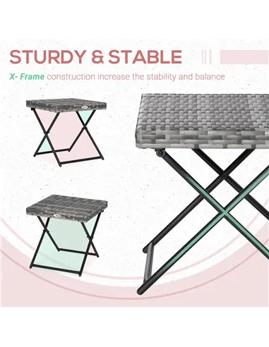 Outsunny Square PE Wicker Rattan Folding Table,Weather Resistant Wicker Weave Side Table with Steel Frame, Grey