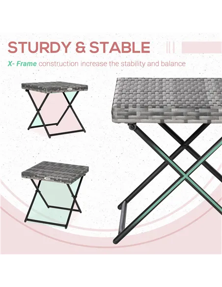 Outsunny Square PE Wicker Rattan Folding Table,Weather Resistant Wicker Weave Side Table with Steel Frame, Grey