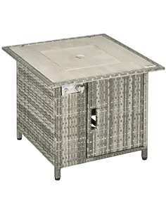 Outsunny Outdoor PE Rattan Gas Fire Pit Table, Patio Square Propane Heater with Rain Cover, Glass Windscreen, and Lava Stone, 50