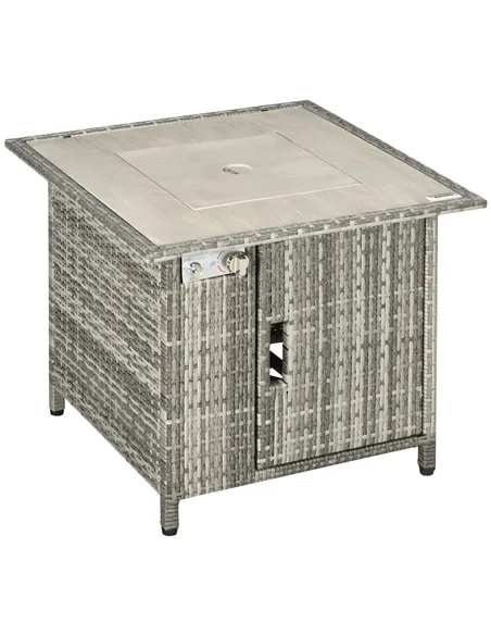 Outsunny Outdoor PE Rattan Gas Fire Pit Table, Patio Square Propane Heater with Rain Cover, Glass Windscreen, and Lava Stone, 50