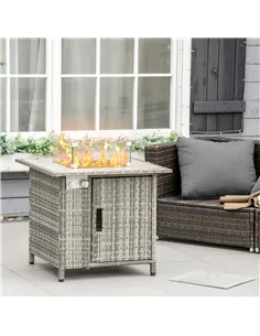 Outsunny Outdoor PE Rattan Gas Fire Pit Table, Patio Square Propane Heater with Rain Cover, Glass Windscreen, and Lava Stone, 50 2