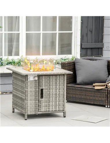 Outsunny Outdoor PE Rattan Gas Fire Pit Table, Patio Square Propane Heater with Rain Cover, Glass Windscreen, and Lava Stone, 50