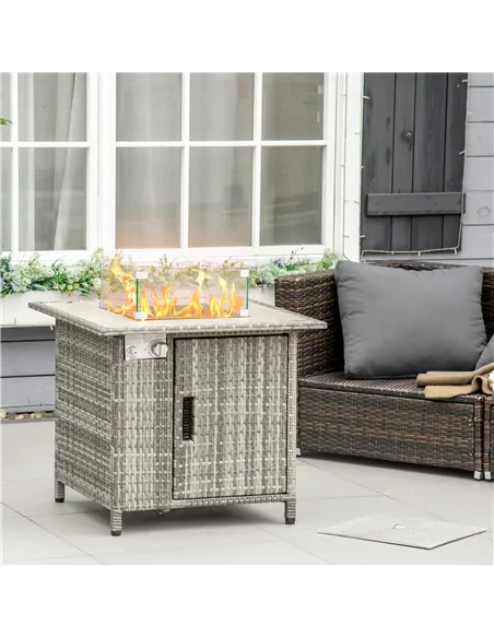 Outsunny Outdoor PE Rattan Gas Fire Pit Table, Patio Square Propane Heater with Rain Cover, Glass Windscreen, and Lava Stone, 50