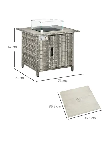 Outsunny Outdoor PE Rattan Gas Fire Pit Table, Patio Square Propane Heater with Rain Cover, Glass Windscreen, and Lava Stone, 50