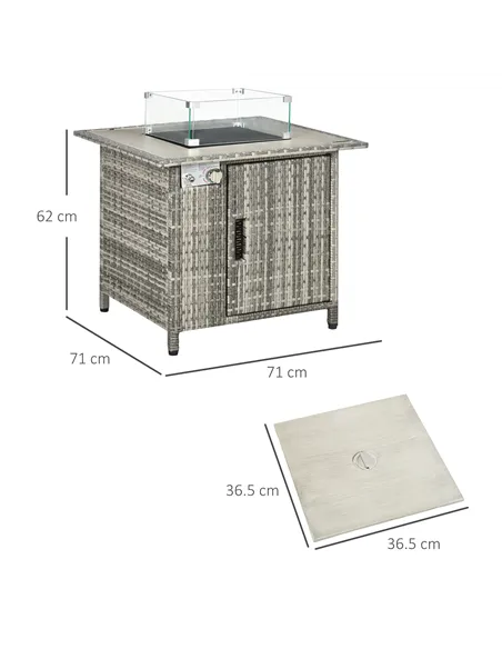 Outsunny Outdoor PE Rattan Gas Fire Pit Table, Patio Square Propane Heater with Rain Cover, Glass Windscreen, and Lava Stone, 50