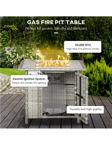 Outsunny Outdoor PE Rattan Gas Fire Pit Table, Patio Square Propane Heater with Rain Cover, Glass Windscreen, and Lava Stone, 50