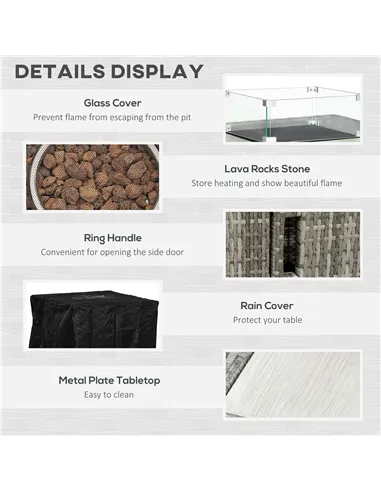 Outsunny Outdoor PE Rattan Gas Fire Pit Table, Patio Square Propane Heater with Rain Cover, Glass Windscreen, and Lava Stone, 50