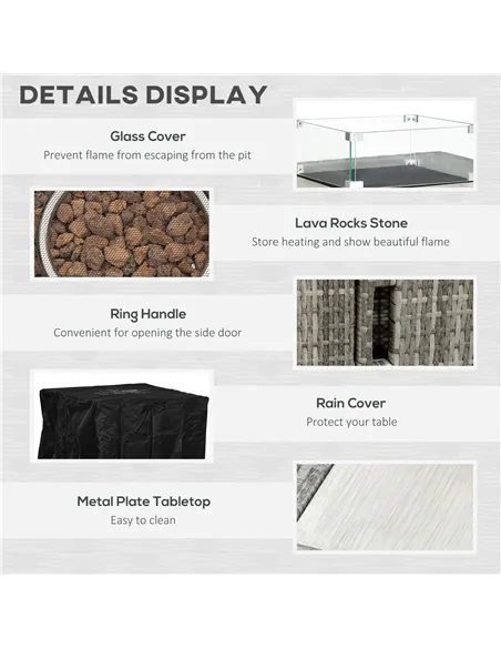 Outsunny Outdoor PE Rattan Gas Fire Pit Table, Patio Square Propane Heater with Rain Cover, Glass Windscreen, and Lava Stone, 50