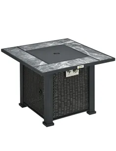 Outsunny Outdoor PE Rattan Gas Fire Pit Table, Patio Square Propane Heater with Marble Desktop, Rain Cover, Glass Windscreen, an