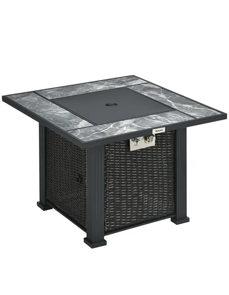 Outsunny Outdoor PE Rattan Gas Fire Pit Table, Patio Square Propane Heater with Marble Desktop, Rain Cover, Glass Windscreen, an