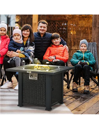 Outsunny Outdoor PE Rattan Gas Fire Pit Table, Patio Square Propane Heater with Marble Desktop, Rain Cover, Glass Windscreen, an