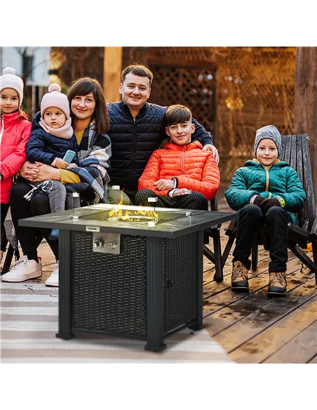 Outsunny Outdoor PE Rattan Gas Fire Pit Table, Patio Square Propane Heater with Marble Desktop, Rain Cover, Glass Windscreen, an