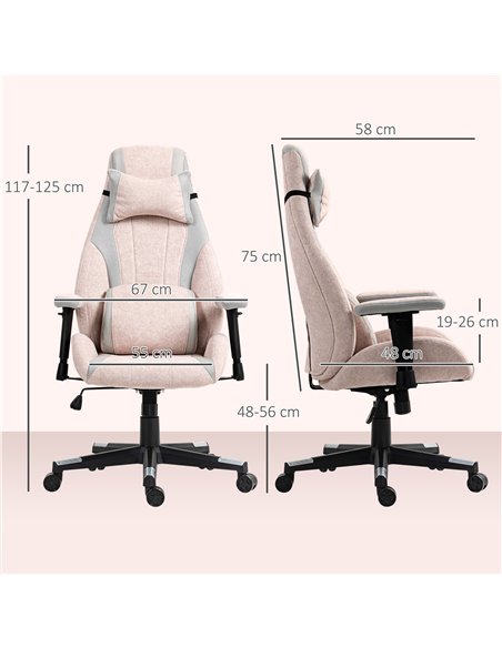 HOMCOM Fabric Gaming Chair with Lumbar Support, Headrest - Pale Pink