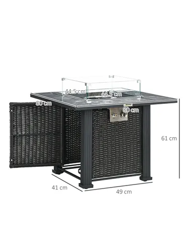 Outsunny Outdoor PE Rattan Gas Fire Pit Table, Patio Square Propane Heater with Marble Desktop, Rain Cover, Glass Windscreen, an