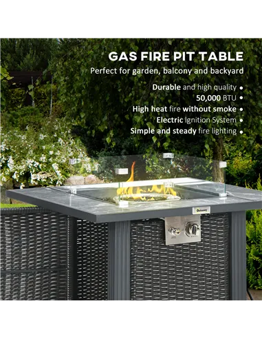 Outsunny Outdoor PE Rattan Gas Fire Pit Table, Patio Square Propane Heater with Marble Desktop, Rain Cover, Glass Windscreen, an