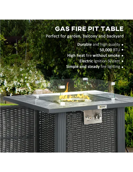 Outsunny Outdoor PE Rattan Gas Fire Pit Table, Patio Square Propane Heater with Marble Desktop, Rain Cover, Glass Windscreen, an