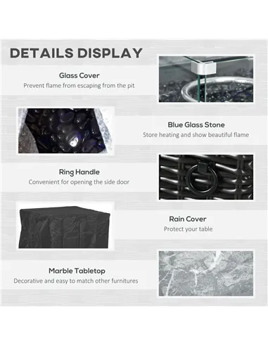 Outsunny Outdoor PE Rattan Gas Fire Pit Table, Patio Square Propane Heater with Marble Desktop, Rain Cover, Glass Windscreen, an