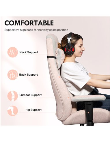 HOMCOM Fabric Gaming Chair with Lumbar Support, Headrest - Pale Pink