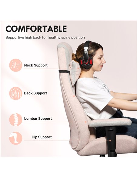 HOMCOM Fabric Gaming Chair with Lumbar Support, Headrest - Pale Pink