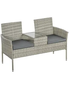 Outsunny Two-Seat Rattan Chair, with Middle Table - Light Grey