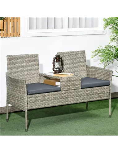 Outsunny Two-Seat Rattan Chair, with Middle Table - Light Grey
